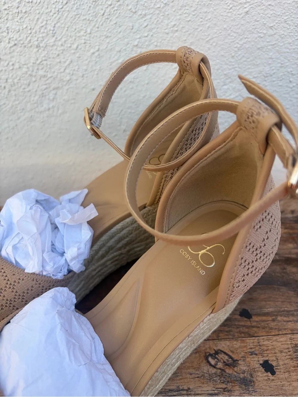 NWT and Box Womens Tan Espadrille Wedge Sandals with Ankle Strap